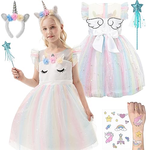 corimori Bequemes Einhorn Kleid für Mädchen mit Flügeln, Haarreif, Glitzer Zauberstab und Tattoos | Einhorn Kostüm Kinder Einhorn Mia, Regenbogen 128/134 von corimori