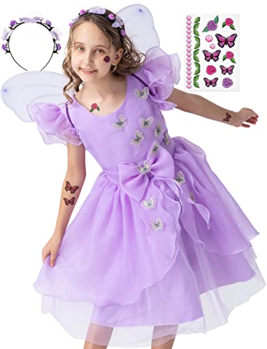 corimori Schmetterling Kostüm Kleid mit Flügeln für Kinder | mit Tattoos & Haarband | Feenkleid Mira für Fasching, lila, Größe 122/128 von corimori