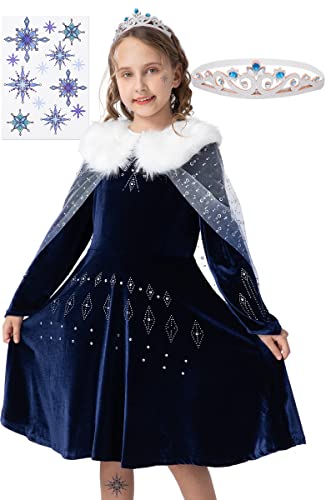 corimori Elastisches Eiskönigin Kostüm Kleid für Elsa Fans | mit Tattoos & Diadem | Prinzessinenkleid für Fasching | dunkel-blau, Größe 104/110 von corimori