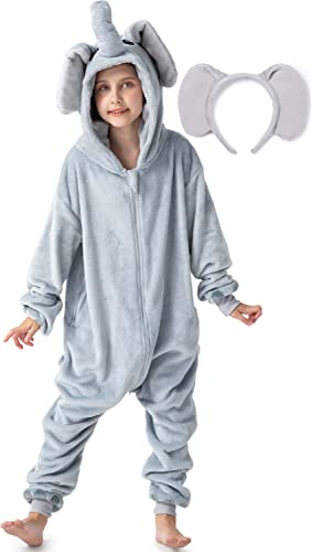 corimori Flauschiges Elefanten-Kostüm für Kinder mit Haarreif | Karneval Fasching Kostüm Onesie für Mädchen, Jungen | Körpergröße 110-130cm von corimori