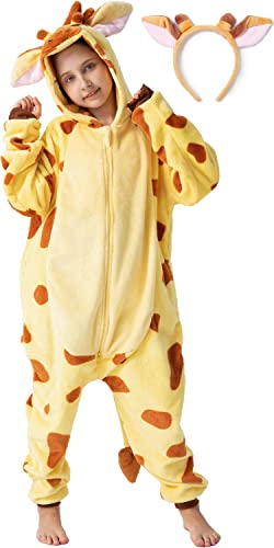 corimori Flauschiges Giraffen-Kostüm für Kinder mit Haarreif | Karneval Fasching Kostüm Onesie für Mädchen, Jungen | Körpergröße 130-150cm von corimori
