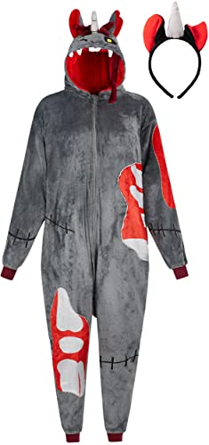 corimori Flauschiges Zombie Einhorn Kostüm für Erwachsene mit Haarreif | Halloween Kostüm Onesie für Damen, Herren | Körpergröße 150-160cm von corimori