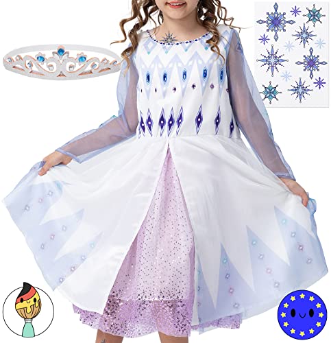corimori Eiskönigin Kostüm Kleid für Elsa Fans | mit Tattoos & Diadem | Prinzessinenkleid für Fasching | hellblau-weiß, Größe 110/116 von corimori