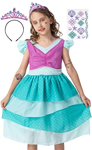 corimori Meerjungfrau Prinzessin Kostüm Kleid für Kinder | Set mit Tattoos & Diadem | Meerjungfrauenkostüm für Karneval, türkis, Größe 134/140 von corimori