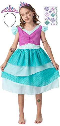 corimori Meerjungfrau Prinzessin Kostüm Kleid für Kinder | Set mit Tattoos & Diadem | Meerjungfrauenkostüm für Karneval, türkis, Größe 110/116 von corimori