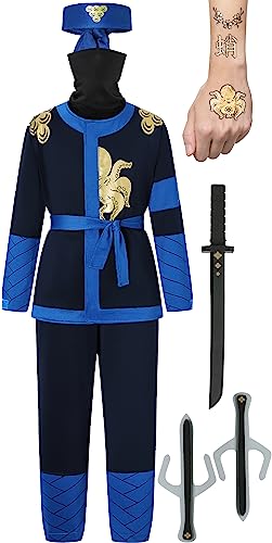 corimori Ninja-Kostüm für Kinder (Jungen und Mädchen) mit Zubehör (Katana-Schwert, Dolche, Stirnband, Maske, Tattoos), Blau L (134-146) von corimori