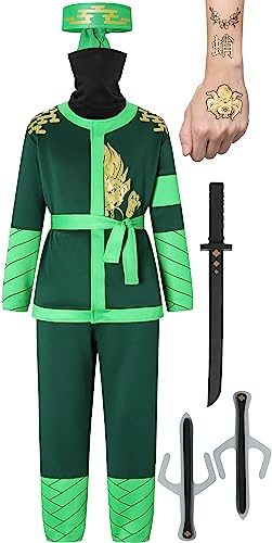 corimori Ninja-Kostüm für Kinder (Jungen und Mädchen) mit Zubehör (Katana-Schwert, Dolche, Stirnband, Maske, Tattoos), Grün L (134-146) von corimori