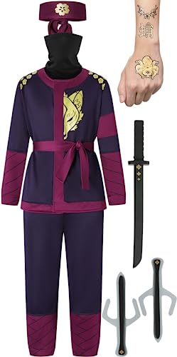 corimori Ninja-Kostüm für Kinder (Jungen und Mädchen) mit Zubehör (Katana-Schwert, Dolche, Stirnband, Maske, Tattoos), Lila L (134-146) von corimori