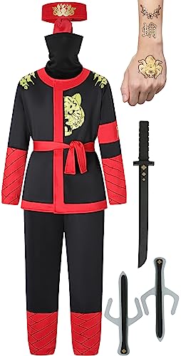 corimori Ninja-Kostüm für Kinder (Jungen und Mädchen) mit Zubehör (Katana-Schwert, Dolche, Stirnband, Maske, Tattoos), Rot L (134-146) von corimori