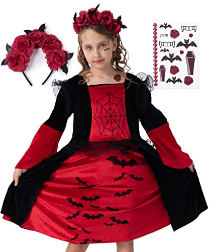 corimori Vampir-Kostüm Set Kleid für Mädchen | mit Haarband & Tattoos | Halloween Kinder-Kostüm | schwarz-rot, Größe 122/128 von corimori