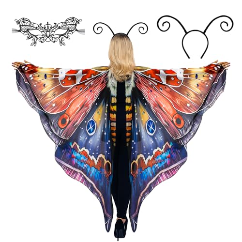 cosmisun Mottenflügel-Kostüm für Damen – Brauner Feenmottenflügel-Schal mit Schmetterlings-Antennen-Stirnband, schwarzes Masken-Set, Cosplay-Umhang-Kostüm für Erwachsene, Halloween-Party, Verkleidung von cosmisun