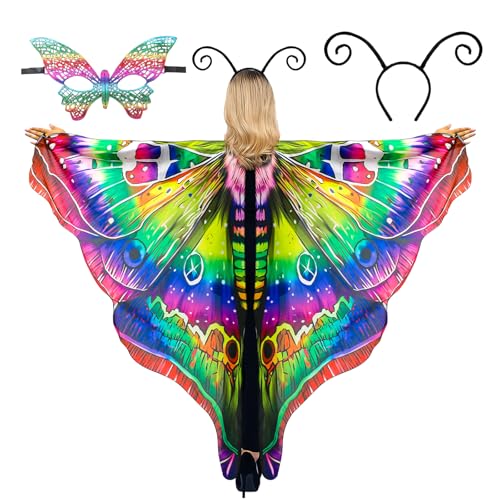cosmisun Mottenflügel-Kostüm für Damen – Feenmottenflügel-Schal mit Schmetterlings-Antennen-Stirnband, mehrfarbiges Masken-Set, Cosplay-Umhang-Kostüm für Erwachsene, Halloween-Party, Verkleidung von cosmisun