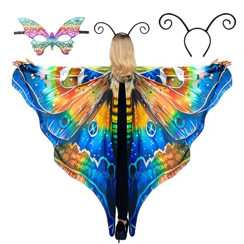 cosmisun Mottenflügel-Kostüm für Damen – braun-blauer Feenflügel-Schal mit Schmetterlings-Antenne, Stirnband, mehrfarbiges Masken-Set, Cosplay-Kostüm für Erwachsene, Halloween-Party, Verkleidung von cosmisun