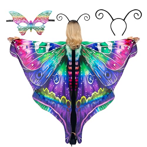 cosmisun Mottenflügel-Kostüm für Damen – grün-violetter Feenflügel-Schal mit Schmetterlings-Antennen-Stirnband, mehrfarbige Maske, Cosplay-Kostüm für Erwachsene, Halloween-Party, Verkleidung, tägliche von cosmisun
