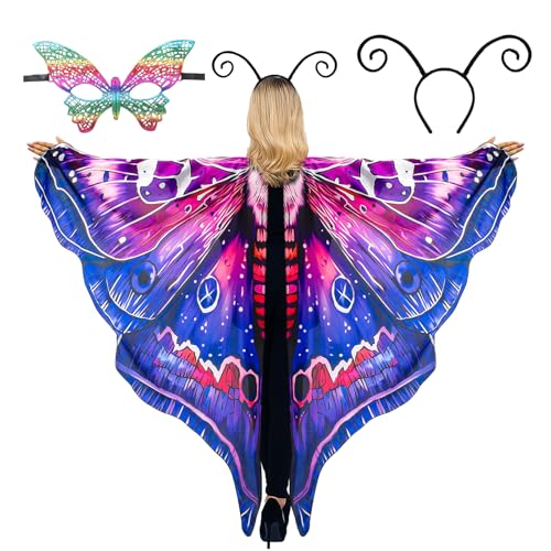 cosmisun Mottenflügel-Kostüm für Damen – rosa lila Feenmottenflügel-Schal mit Schmetterlings-Antennen-Stirnband, mehrfarbiges Masken-Set, Cosplay-Kostüm für Erwachsene, Halloween-Party, Verkleidung von cosmisun