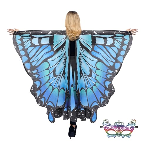cosmisun Schmetterlingsflügel-Kostüm für Damen – blau-grüner Feen-Schmetterlingsflügel-Schal mit mehrfarbigem Rock, Masken-Set, Cosplay-Umhang-Kostüm für Erwachsene, Halloween-Party, Verkleidung cosmisun Schmetterlingsflügel-Kostüm für Damen – blau-grüner Feen-Schmetterlingsflügel-Schal mit mehrfarbigem Rock, Masken-Set, Cosplay-Umhang-Kostüm für Erwachsene, Halloween-Party, Verkleidung von cosmisun