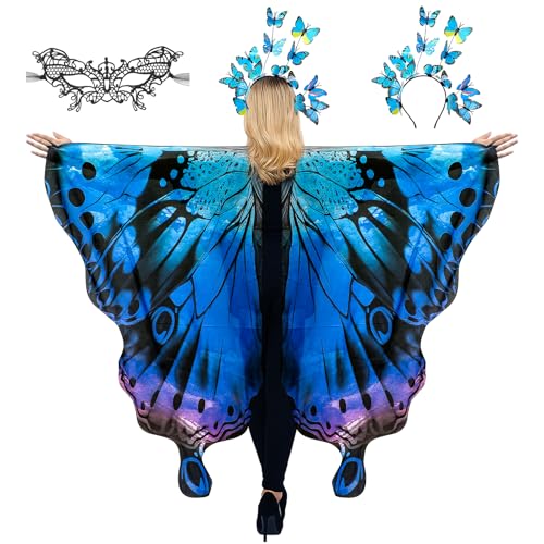 cosmisun Schmetterlingsflügel-Kostüm für Damen – blau-violetter Feen-Schmetterlingsflügel-Schal mit Stirnband, schwarzes Masken-Set, Cosplay-Umhang-Kostüm für Erwachsene, Halloween-Party, Verkleidung von cosmisun