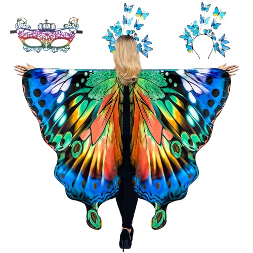 cosmisun Schmetterlingsflügel-Kostüm für Damen – grün-blau-orangefarbener Schal mit blauem Stirnband, mehrfarbiges Masken-Set, Cosplay-Kostüm für Erwachsene, Halloween-Party, Verkleidung, tägliche von cosmisun
