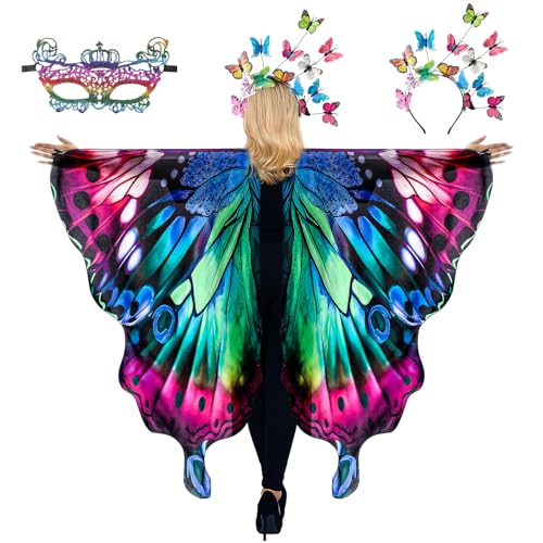 cosmisun Schmetterlingsflügel-Kostüm für Damen – grün-blau-violetter Feen-Schmetterlingsflügel-Schal mit mehrfarbigem Stirnband, Masken-Set, Cosplay-Umhang-Kostüm für Erwachsene, Halloween-Party von cosmisun