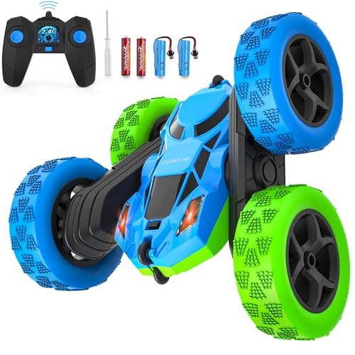 cosone Ferngesteuerte Autos, 2,4 GHz Ferngesteuertes Autospielzeug mit Scheinwerfern, Allrad Offroad Stuntauto, Doppelseitig um 360° Drehbar, Geburtstagsgeschenke für Jungen ab 6 Jahren (Blau-Grün) von cosone