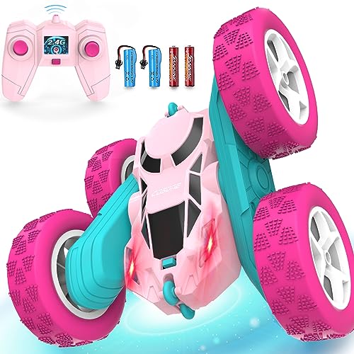 cosone Ferngesteuertes Auto für Mädchen, Allrad Offroad Stunt RC-Auto mit Scheinwerfern, Doppelseitiges 360° Drehbares Spielzeug, Geschenke für Kinder ab 6 Jahren (Rosa) von cosone
