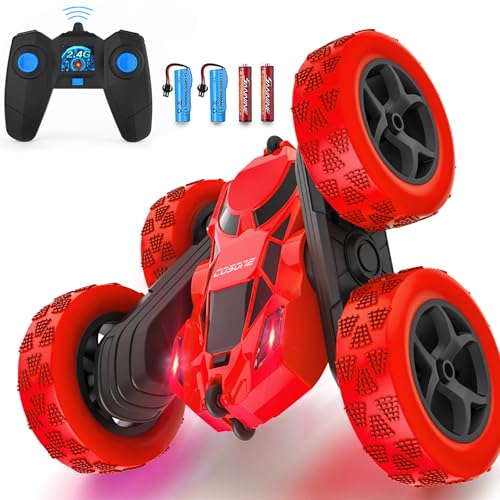 cosone Ferngesteuertes Auto für Kinder, Double Sided 360° Drehbar, 4WD RC Auto mit Scheinwerfern 2,4 GHz Race Stunt Toy Wiederaufladbare Autos für Jungen Mädchen Geburtstag (Rot) von cosone