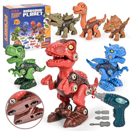 cossy 6 Stück Dinosaurier Spielzeug, Montage Dino Spielzeug mit Räder, Playmobil Dinosaurier mit Elektrische Bohrmaschine, Lernspiele DIY Kinderspielzeug, Geschenk für Jungen Mädchen von cossy