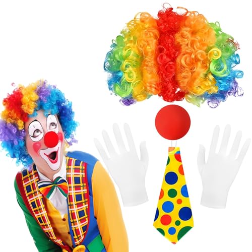 cozczyeqco Clown Kostüm Accessoire,Clownsnasen Rot+Clown Krawatte+Perücke+Handschuhe, Geeignet für Ostern, Arty Event, Karnevals Kostüm Cosplay (A) von cozczyeqco
