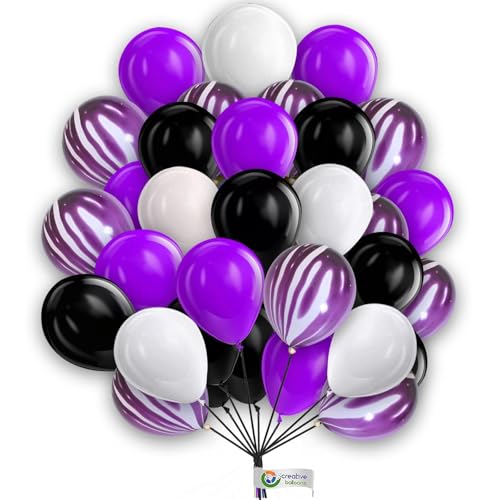 50 Stück Luftballons Schwarz Weiß Lila, 10 Zoll Lila Weiß Marmor Luftballons Set mit einfarbigen Luftballons Packung, Party Ballon Dekoration für Hochzeit Baby Shower Abschlussfeier von creative balloons