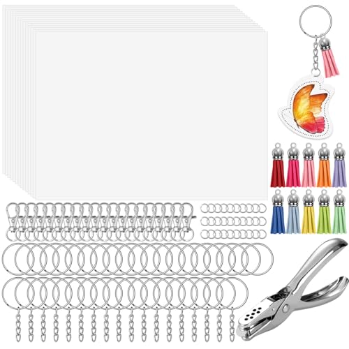 cridoz 162 Shrinky Sheets Keychain Kit, Including 20 Sheets Shrinky Plastic Paper, Tassels, Keychain Clip, Split Key Rings, Key Rings with Chain, Jump Rings, Hole Punch for Creative von cridoz