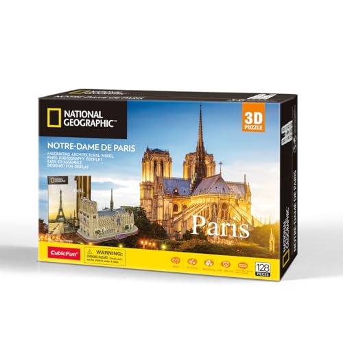 CubicFun 660986 National Geographic 3D Puzzle, Notre-Dame de Paris, 3D Modell Bastelset mit 128 Teilen, Modellbausatz für Kinder ab 8 Jahren von cubic fun