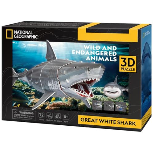 CubicFun 661098 National Geographic 3D Puzzle, Weißer Hai, 3D Tierpuzzle mit 72 Teilen, Modellbausatz für Kinder ab 8 Jahren von cubic fun