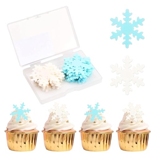 50 PCS Essbare Schneeflocken Tortendeko, Schneeflocken Kuchen Dekorationen, Schloss Schneeflocke Tortendeko, Frozen Tortendeko Kit für Winter Thema Geburtstag Party Kuchen (Blau+Weiß) von cuhostki