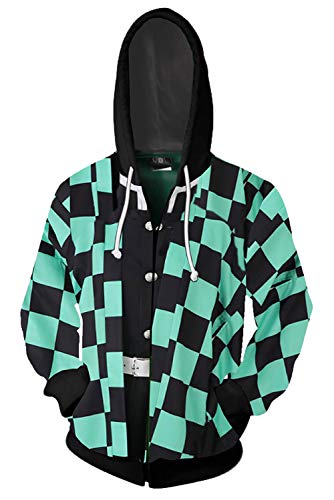 cultofmoon Anime Hoodie Grün Schwarz Gitter Gedruckte Pullover Cosplay Kapuzenpullover Jacke mit Reißverschluss Halloween Karneval Kostüm von cultofmoon