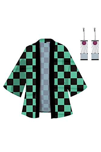 cultofmoon Anime Umhang Kamado Cosplay Kimono Mantel Schwarz Grün Kariertes Cape mit Ohrringen Japanische Kostüm Halloween Karneval von cultofmoon