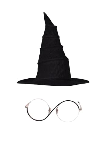 cultofmoon Elphaba Cosplay Brille und Hut Hexe Kostüm Zubehör Wicked Witch Hat Eyewear Schwarz Zauberhut Hexenhut Runde Halbrahmen Klare Gläser Set von cultofmoon