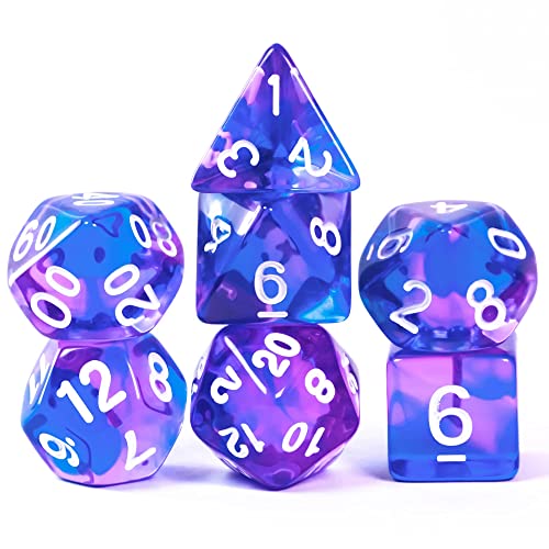 Cusdie 7-teiliges DND-Würfel-Set, transparent, D&D-Würfel, polyedrische Würfel für Dungeons and Dragons, Pathfinder, Rollenspiele, Würfelspiele, RPGs, Violett gemischt, Blau von cusdie