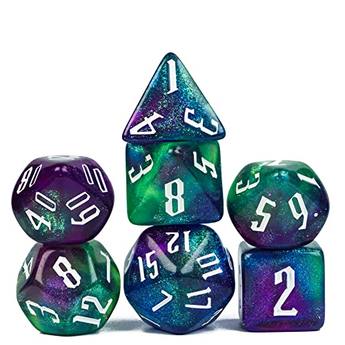 Cusdie 7-teiliges DND-Würfel-Set D&D polyedrische Würfel für Dungeons and Dragons Pathfinder MTG-Rollenspiele, RPGs (lila-grün mit Glitzer) von cusdie