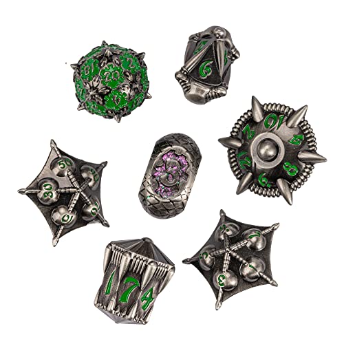 Cusdie DND-Würfel-Set aus Metall, 7-teilig, DND-Metallwürfel, Drachen-Design, polyedrisches Würfel-Set, für Rollenspiele, D&D-Würfel, MTG Pathfinder (Antikes Nickel mit grünen Zahlen) von cusdie