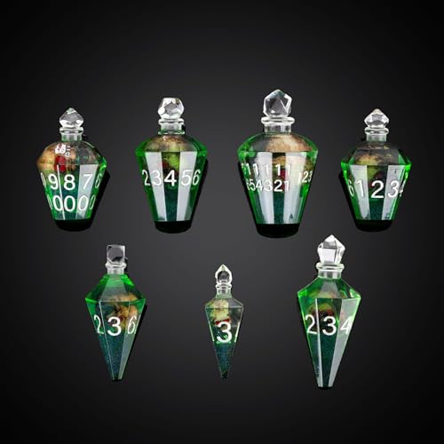 Cusdie DND-Würfel-Set mit 7 scharfen Kanten, trankförmige D&D-Würfel, handgefertigt, polyedrisches Würfel-Set, Trankwürfel für TTRPG-Rollenspiele, Pathfinder (Grün mit Totenkopf) von cusdie