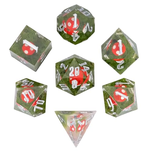 Cusdie DND-Würfel mit scharfen Kanten, 7-teilig, rote Pilz-Würfel, D&D, D20, D12, D10, D8, D6, D4, handgefertigtes polyedrisches Würfel-Set für Dungeons & Dragons RPG und andere Tischspiele (roter von cusdie