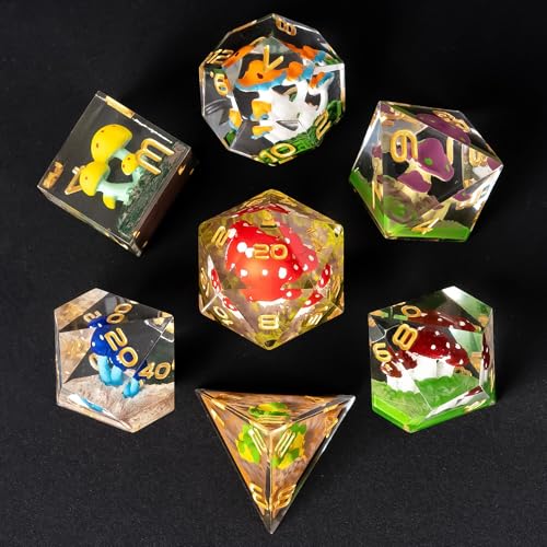 Cusdie DND-Würfel mit scharfer Kante, 7-teilig, farbige Pilzwürfel, D&D, D20, D12, D10, D8, D6, D4, handgefertigtes polyedrisches Würfel-Set für Dungeons & Dragons RPG und andere Tischspiele (farbiger von cusdie