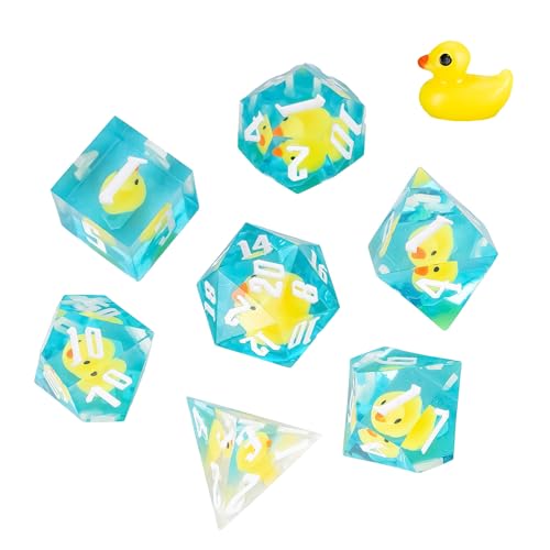 Cusdie DnD-Würfel mit scharfer Kante, 7-teilig, gelbe Entenwürfel, D&D, D20, D12, D10, D8, D6, D4, handgefertigtes polyedrisches Würfelset für Dungeons & Dragons RPG und andere Tischspiele (gelbe Ente von cusdie