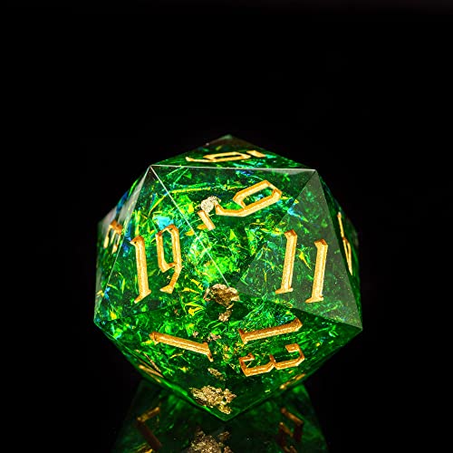 Cusdie Einzelner D20-DND-Würfel mit scharfen Kanten und Glitzerfolieneinschlüssen, 20-seitige D&D-Würfel, 33 mm, handgefertigt, für Rollenspiele, Pathfinder (grün) von cusdie