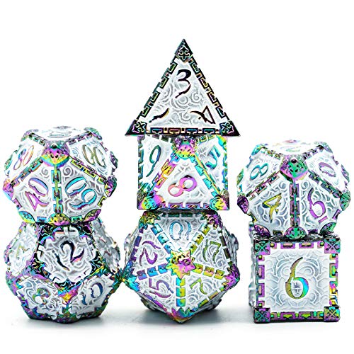 Cusdie Metallwürfel mit Metallbox, 7 Stück DND-Metallwürfel, Dolch-Design, polyedrisches Würfel-Set, für Rollenspiel D&D Würfel MTG Pathfinder (bunt weiß) von cusdie