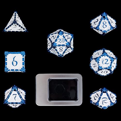 Cusdie Metallwürfel mit Metallbox, 7 Stück DND-Metallwürfel, Dolch-Design, polyedrisches Würfel-Set, für Rollenspiele, D&D-Würfel (Blau-Weiß) von cusdie