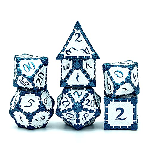 Cusdie Metallwürfel mit Metallbox, 7 Stück DND-Metallwürfel, Dolch-Design, polyedrisches Würfel-Set, für Rollenspiele, D&D-Würfel (Blau-Weiß) von cusdie