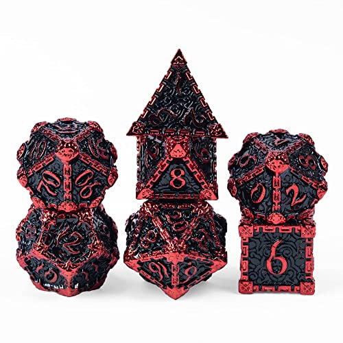 Cusdie Metallwürfel mit Metallbox, 7 Stück DND Metallwürfel, Dolch Design Polyedrisches Würfelset, für Rollenspiele D&D Würfel MTG Pathfinder (Schwarz mit roter Schrift) von cusdie