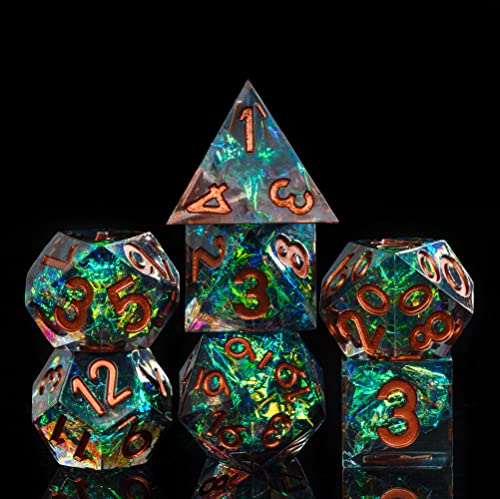 Cusdie Sharp Edges DND-Würfel, 7 Stück D&D-Würfel, handgefertigt, polyedrisches Würfel-Set, für Rollenspiele, MTG, Pathfinder (Cyan Cellophan) von cusdie