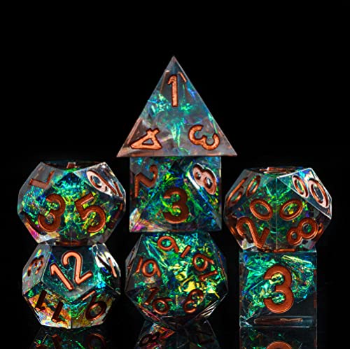 Cusdie Sharp Edges DND-Würfel, 7 Stück D&D-Würfel, handgefertigt, polyedrisches Würfel-Set, für Rollenspiele, MTG, Pathfinder (Cyan Cellophan) von cusdie